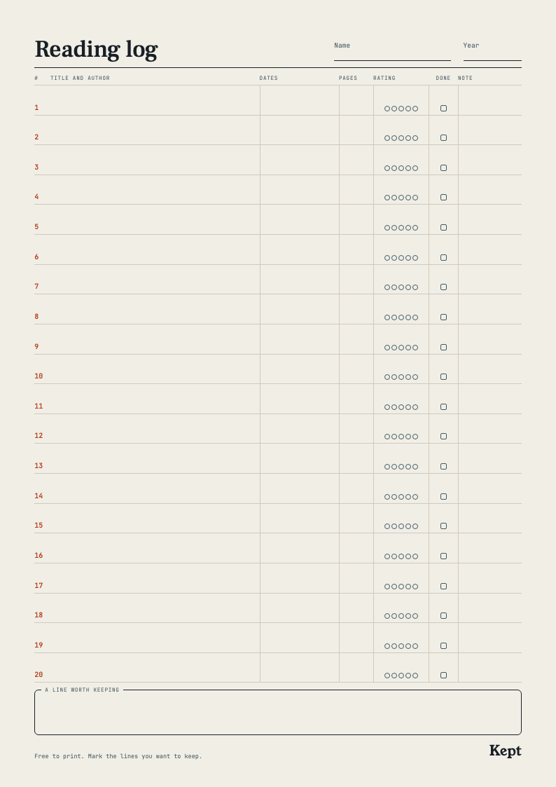Preview of the free reading log printable: twenty rows with title, dates, pages, rating and a note